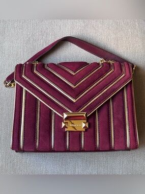 New Michael Kors Whitney quilted genuine suede leather shoulder bag oxblood